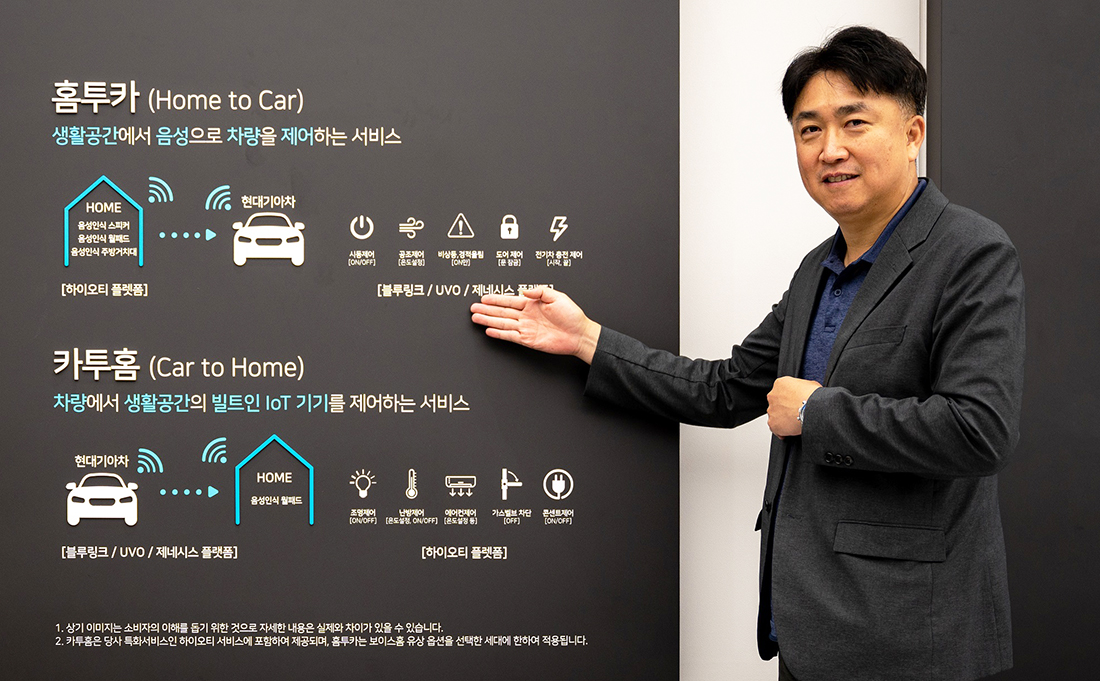힐스테이트 견본주택에서 현대건설 건축주택기술실장 이병화 상무가 ‘홈투카/카투홈’을 설명하고 있다. 힐스테이트 견본주택에서 현대건설 건축주택기술실장 이병화 상무가 ‘홈투카/카투홈’을 설명하고 있다.